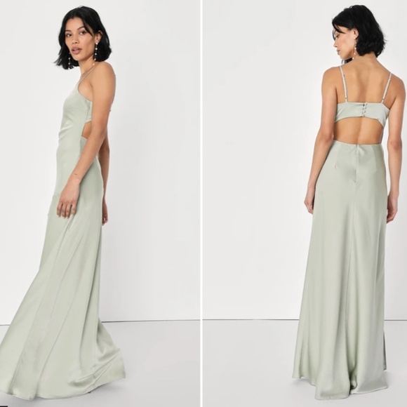 LULU's Bridesmaid Prom Wedding Sexy Open Back Satin Sage Green Maxi Dress - Picture 4 of 4